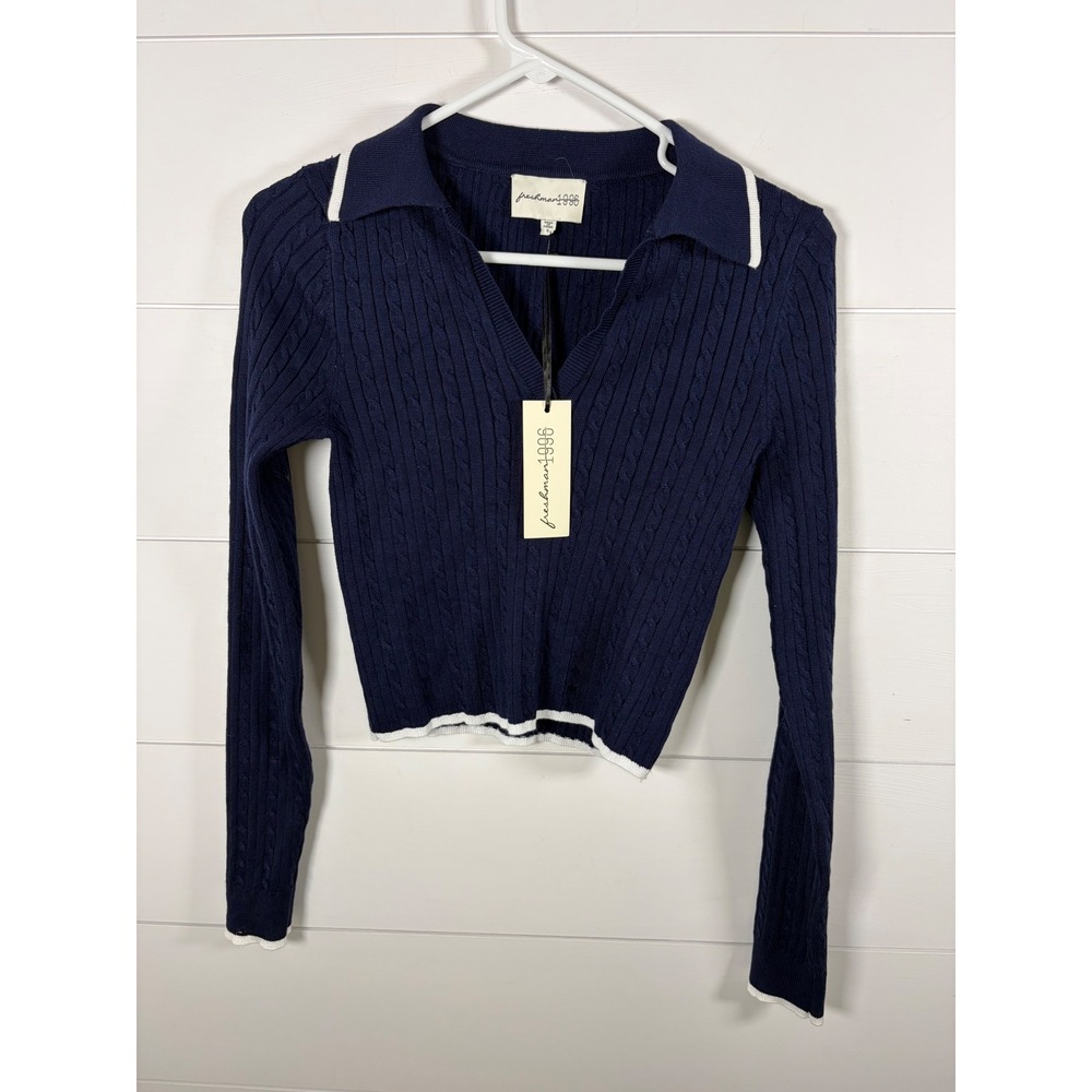 NWT Freshman 1996 Polo Sweater Cropped‎ Sz S Juniors Blue Cable Knit Tennis Prep